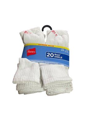 Hanes Boys Ankle Socks 20 Pack Size M Shoe Size 9-2.5 Soft Spandex Blend White